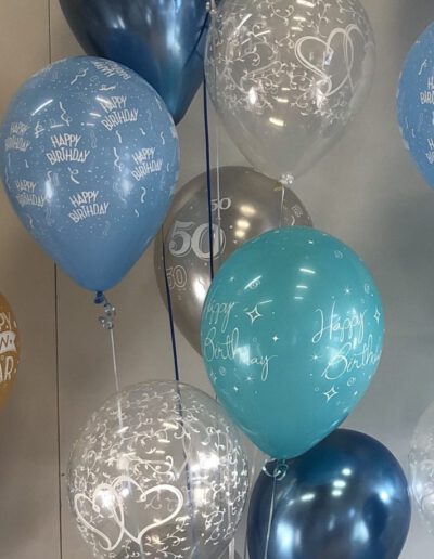 Blue and silver balloons in groups of 12