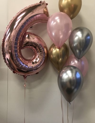 Number 6 balloon with a group of 6 chrome gold, silver and pearl pink