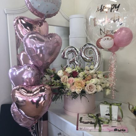 Pink package group of 7 custom balloon chocolates and flowers
