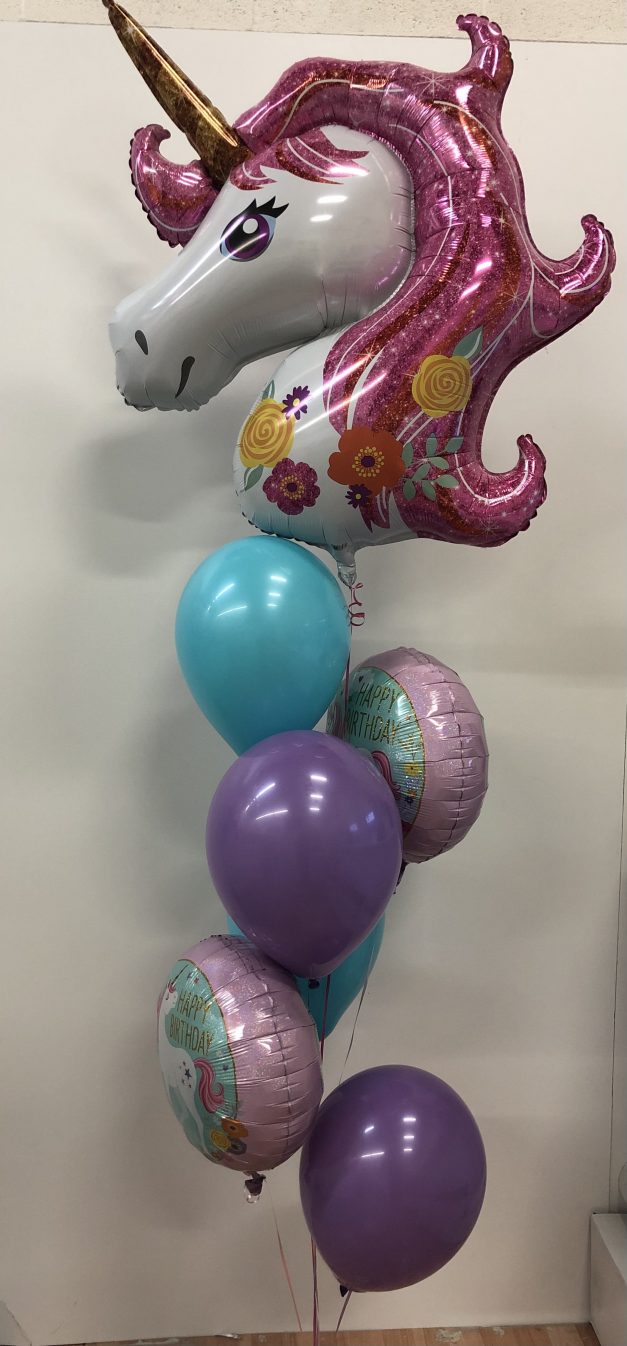 unicorn balloon group of 7 with super shape and 2 mylars